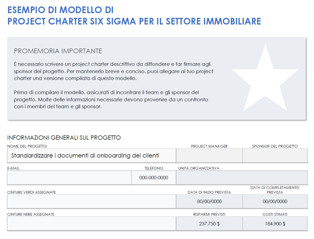 Esempio di charter di progetto Six Sigma immobiliare