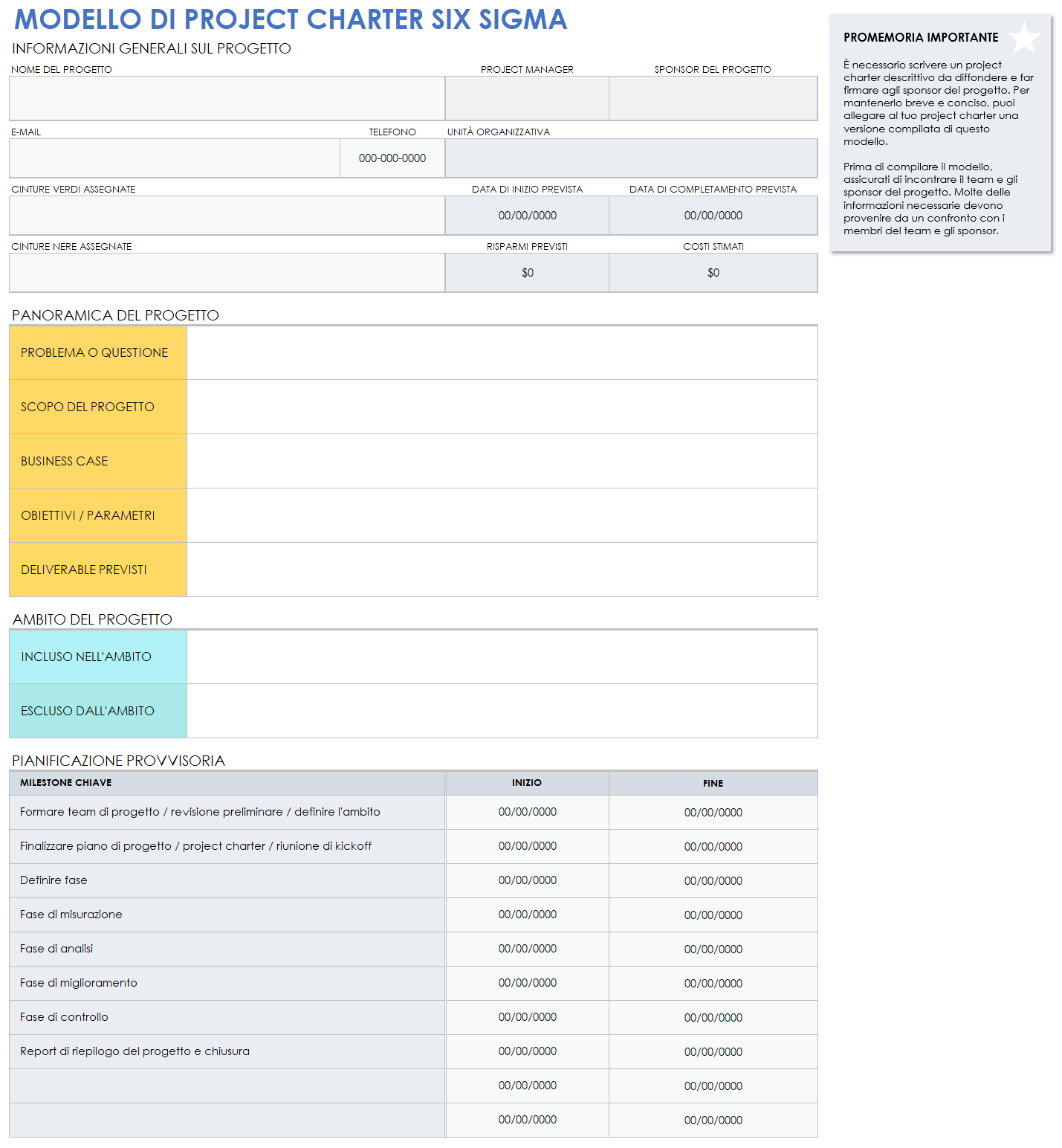 Carta del progetto Six Sigma vuota