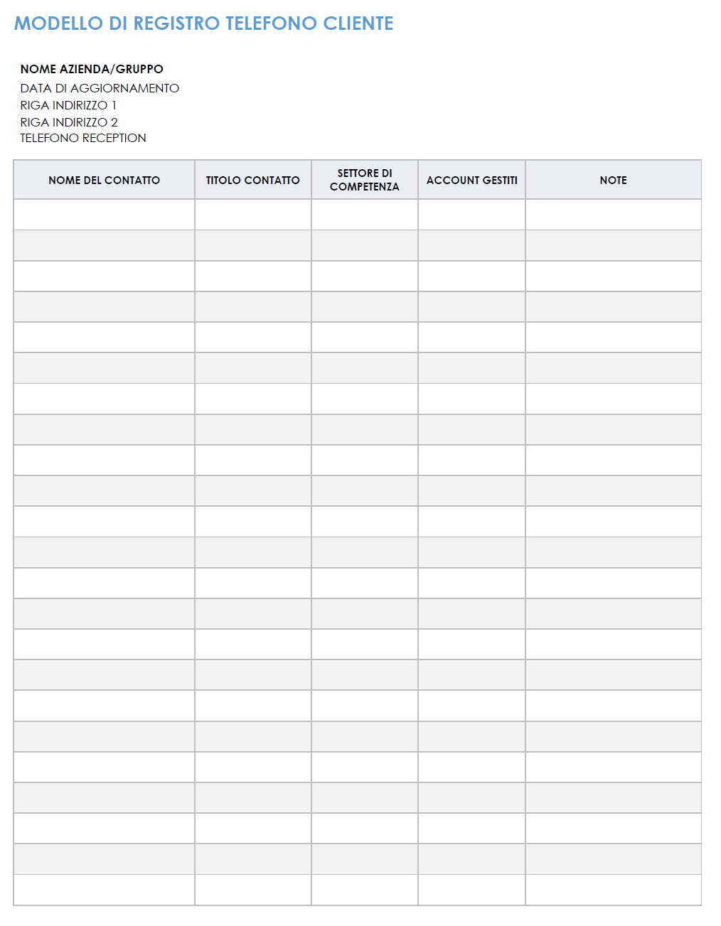 Modello di registro telefonico del cliente