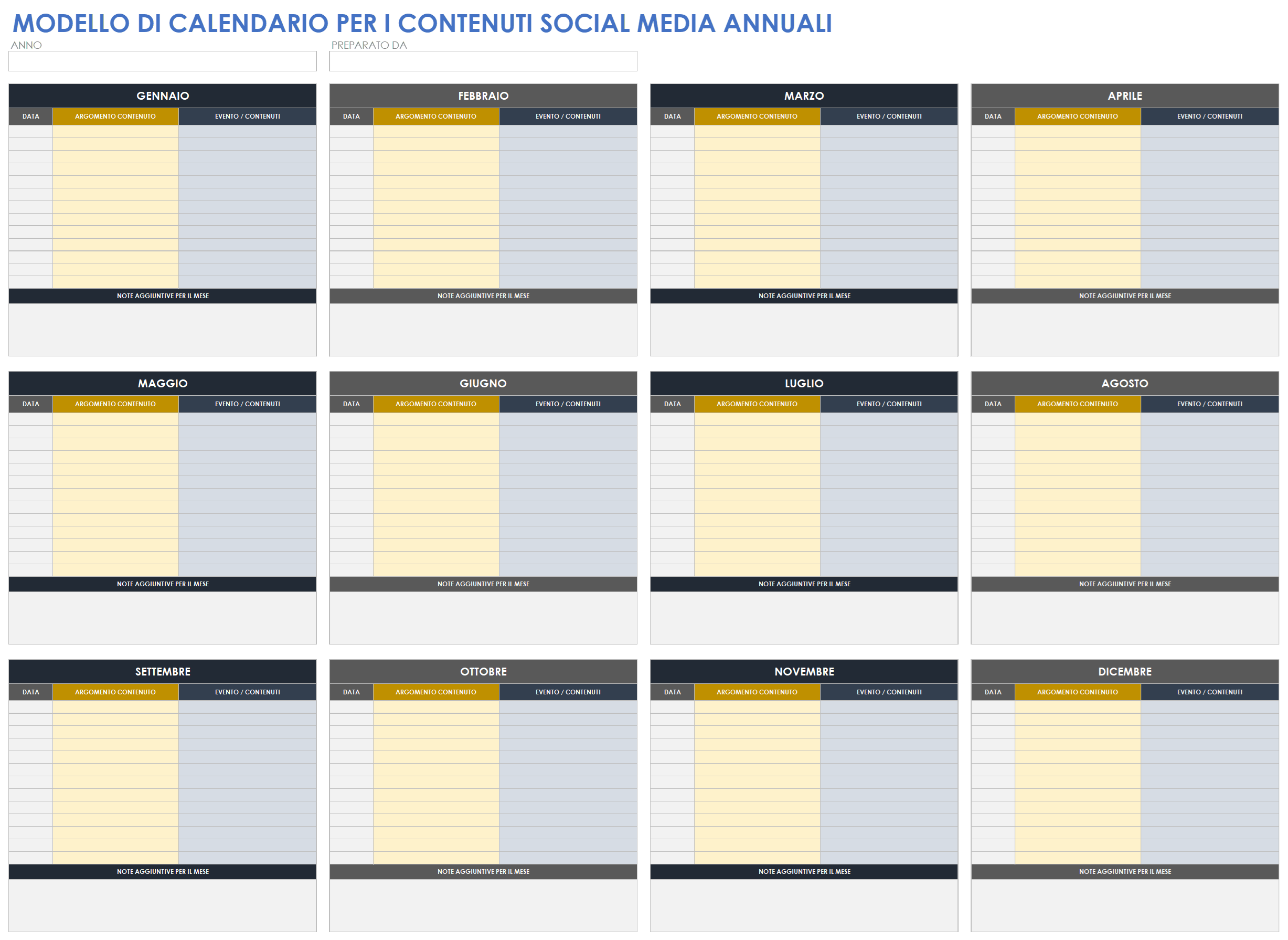  Modello di calendario annuale dei contenuti dei social media