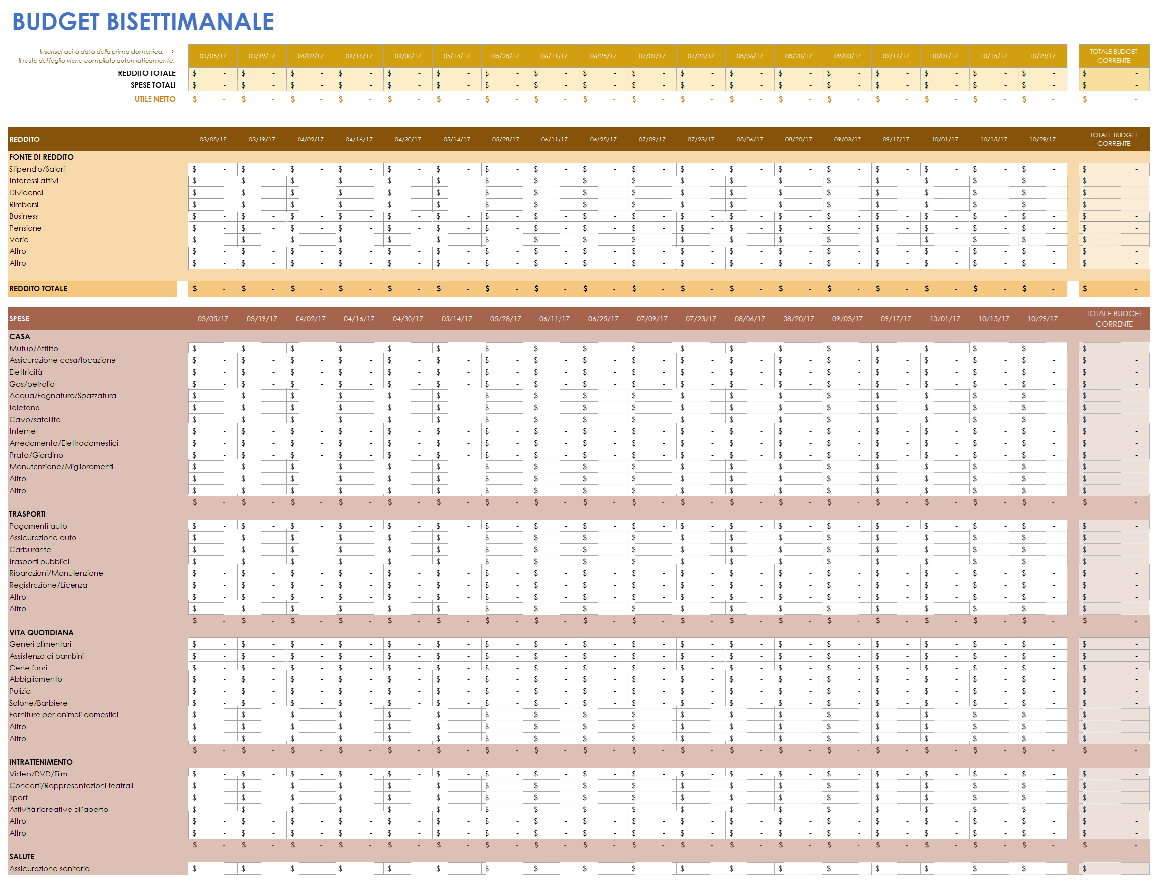  Modello di foglio di lavoro per budget bisettimanale