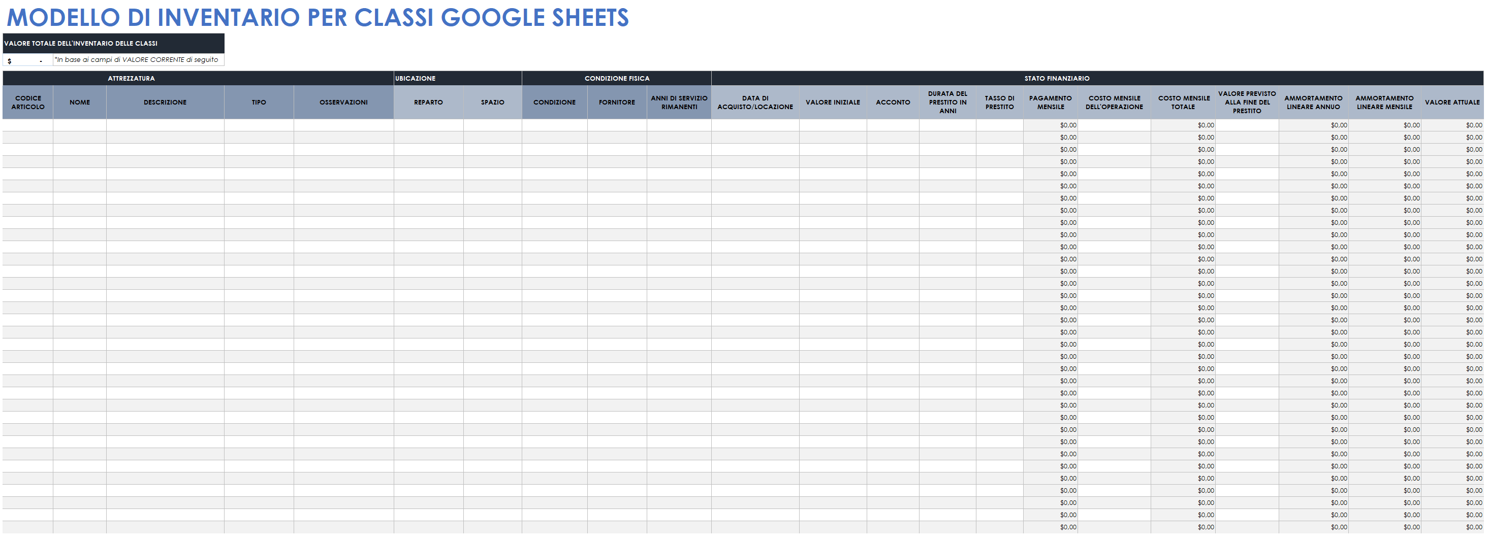  Modello di inventario di fogli Google in classe