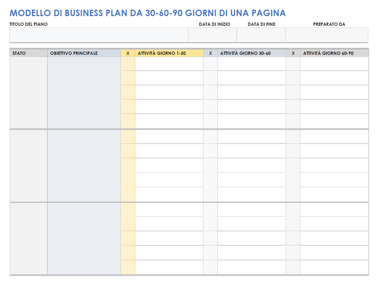  Modello di piano aziendale di una pagina da 30-60-90 giorni