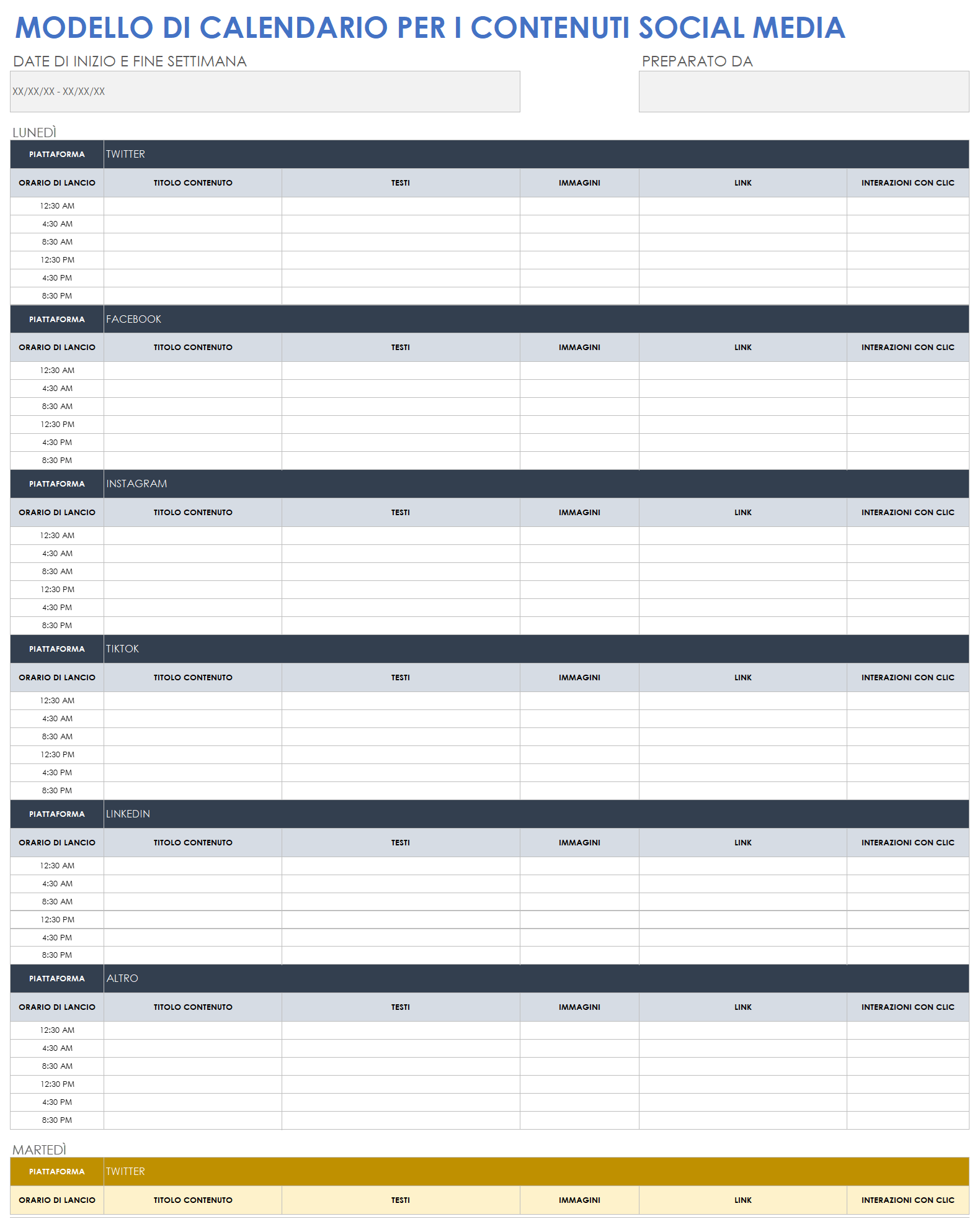  Modello di calendario dei contenuti dei social media