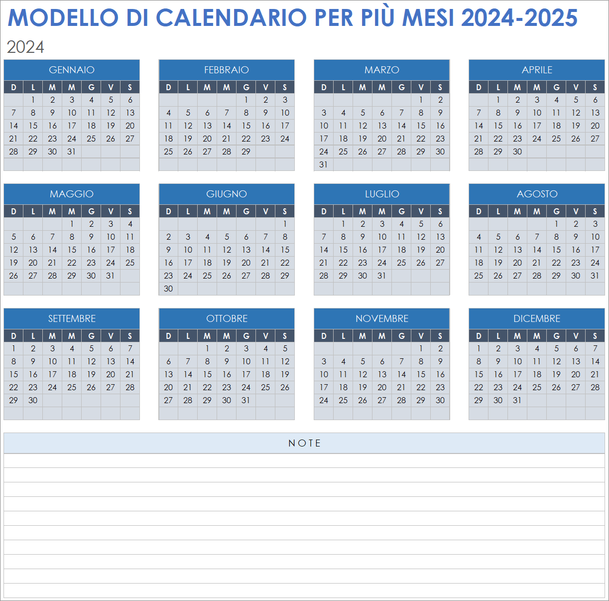  Fogli Google con modello di calendario per più mesi 2024-2025