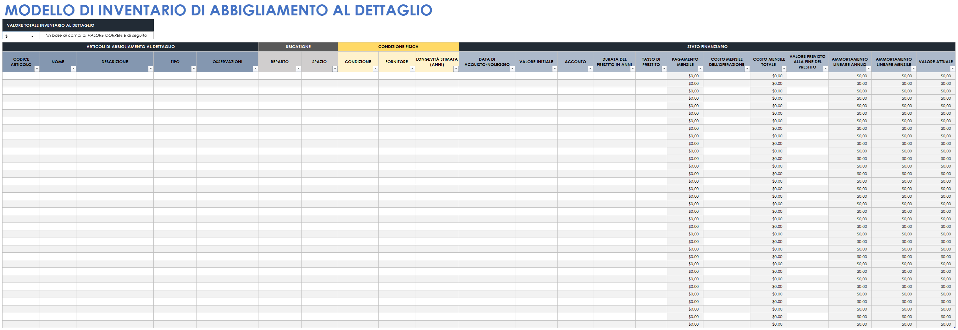  Modello di inventario di abbigliamento al dettaglio