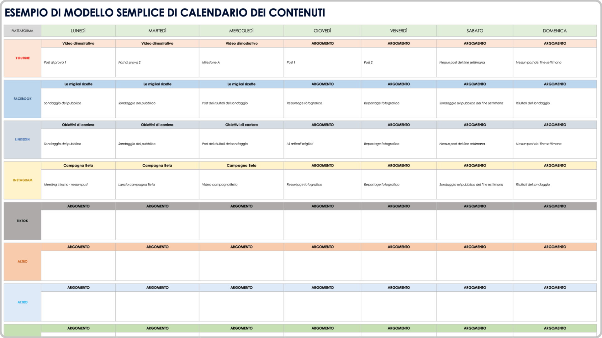 Esempio di modello di calendario dei contenuti dei social media semplice