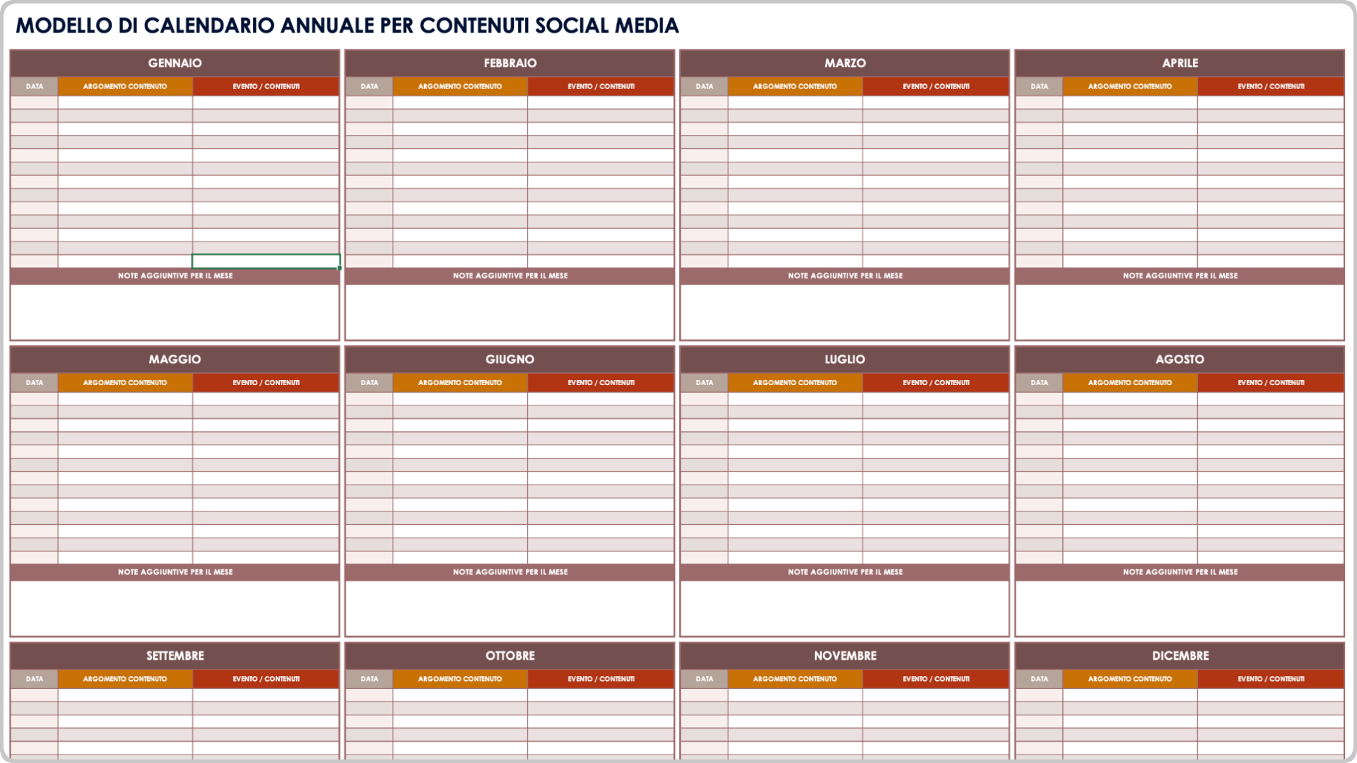 Modello di calendario annuale dei contenuti dei social media