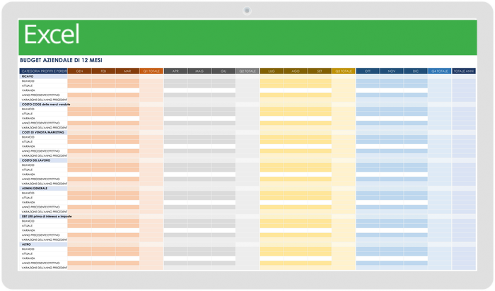 Modello di budget aziendale di 12 mesi