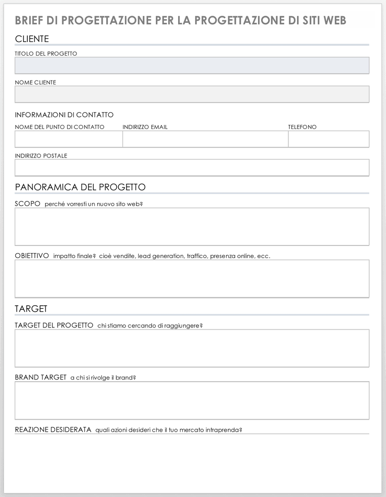 Brief di progettazione per il modello di progettazione di siti Web