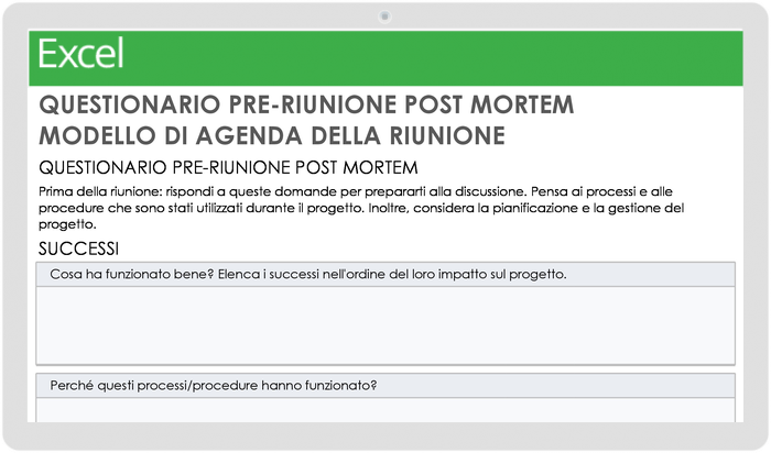  Questionario pre-riunione post mortem e modello di agenda della riunione